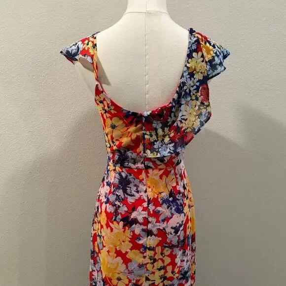 Lulus Ruby Red Floral Print Chiffon Maxi Dress XS Wedding Feminine Date Night - Picture 4 of 7